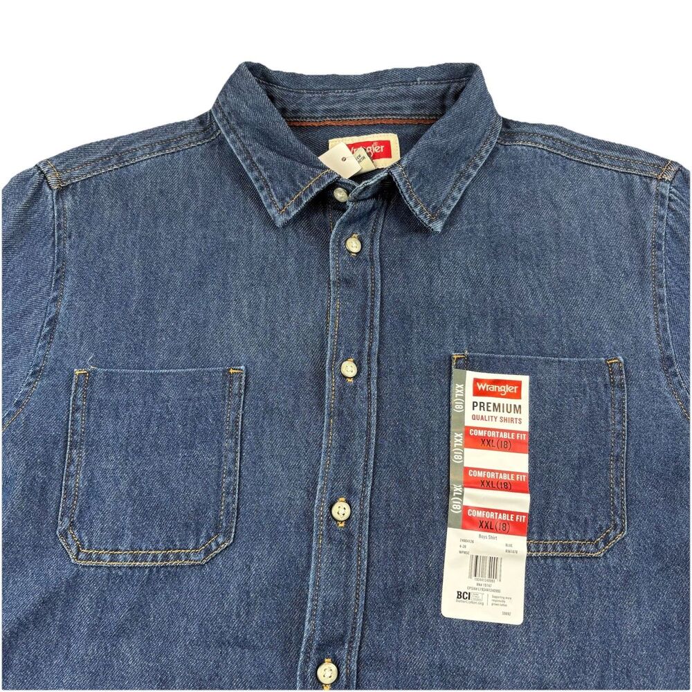 Wrangler Denim Button Up Shirt Boys XXL Blue Long Sleeve NWT